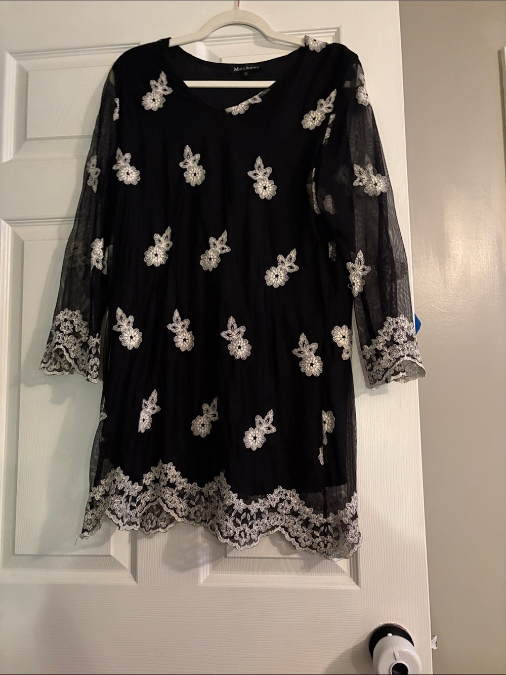Mechant Black Mini Dress with Silver Floral Embroidery vintage
